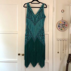Unique Vintage Turquoise Fringe Sequined Dress